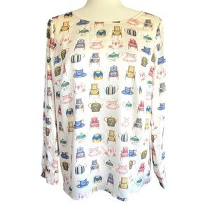 Talbots Blouse Size Medium Petite Novelty Print Teacups Alice in Wonderland Twee